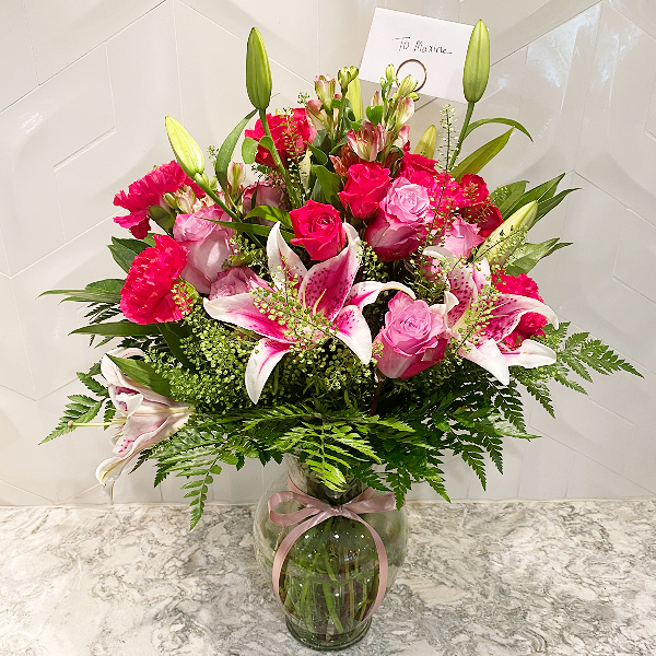 Enchanted, 1 Dozen Lavender Roses, 1 Dozen Spray Roses, 6 Lilies, Lepidium, Leather Leaf