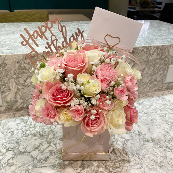 Birthday Wishes, 1 Dozen Pink Roses, 8 Pink Carnations, 1 Dozen Spray Roses, Gypsophilia