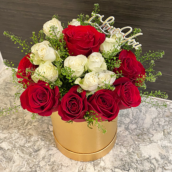 Golden Hour, 1 Dozen Red Roses, 1 Dozen White Spray Roses, Lepidium